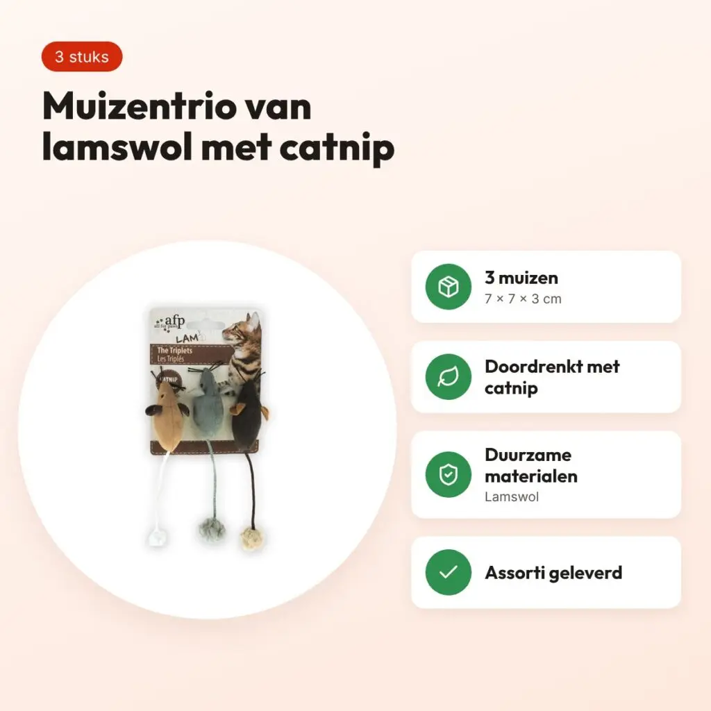 AFP muizentrio van lamswol met catnip 7 x 7 x 3 cm – 3 stuks, assorti – voordelen