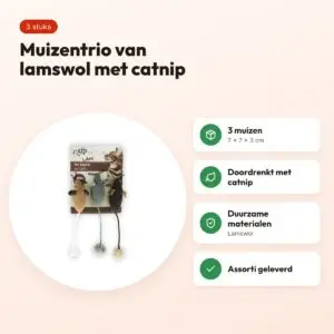 AFP muizentrio van lamswol met catnip 7 x 7 x 3 cm – 3 stuks, assorti – voordelen
