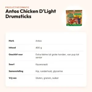 Antos Chicken D'Light Drumsticks 400 g – kauwsnack kip en runderhuid – productinformatie