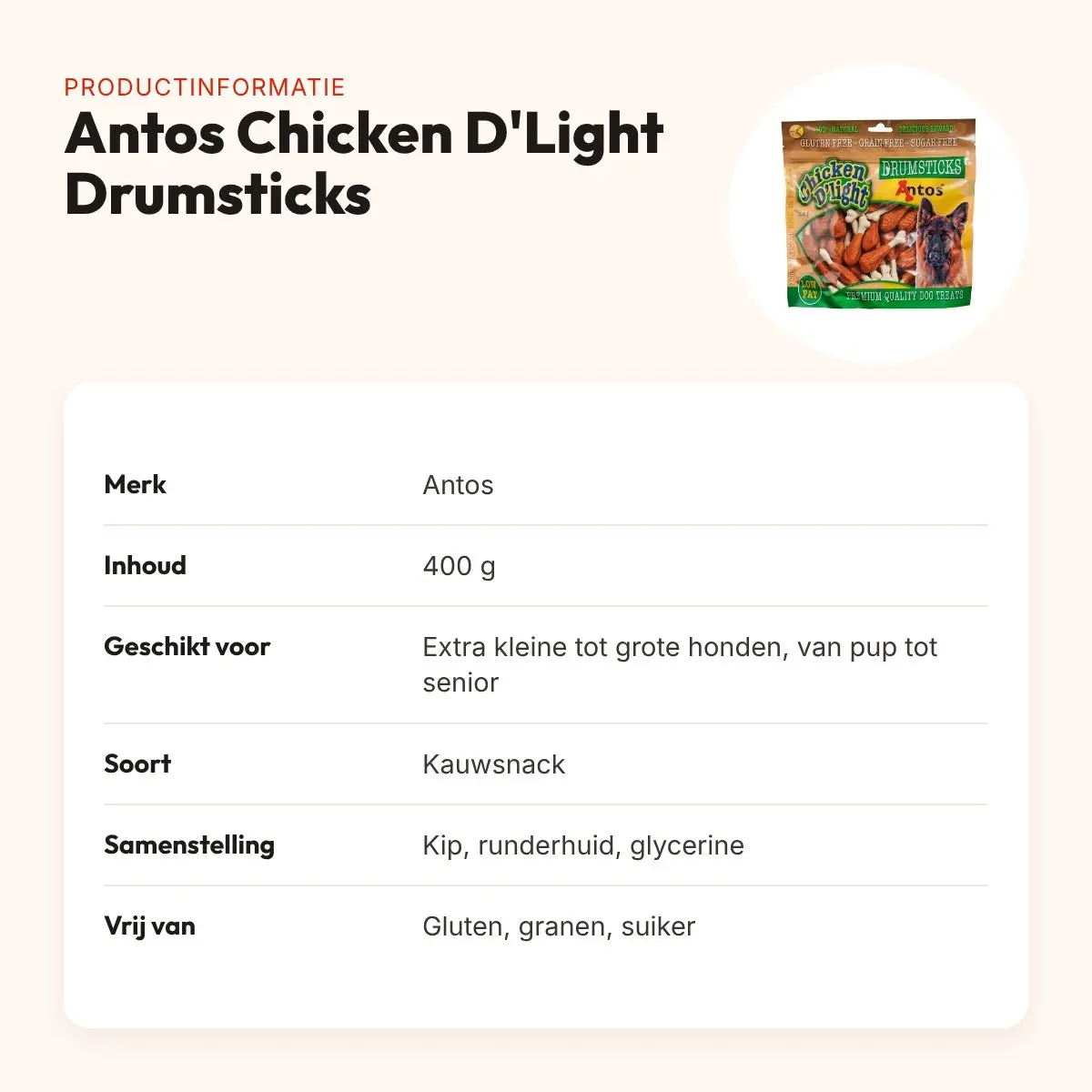 Antos Chicken D'Light Drumsticks 400 g – kauwsnack kip en runderhuid – productinformatie