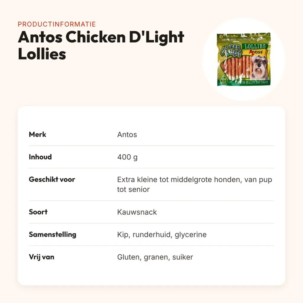 Antos Chicken D'Light Lollies 400 g – kauwsnack kip, glutenvrij – productinformatie
