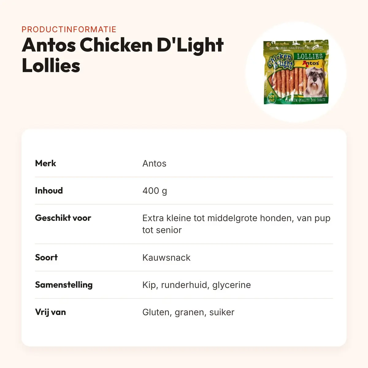 Antos Chicken D'Light Lollies 400 g – kauwsnack kip, glutenvrij – productinformatie