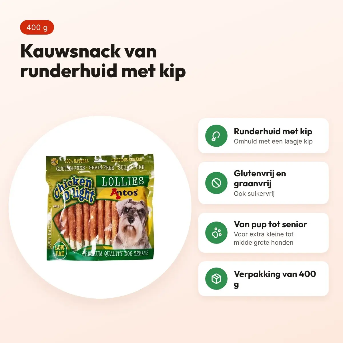 Antos Chicken D'Light Lollies 400 g – kauwsnack kip, glutenvrij – voordelen