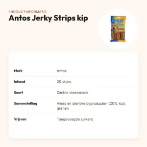 Antos Jerky Strips kip 20 stuks – zachte vleessnacks – productinformatie