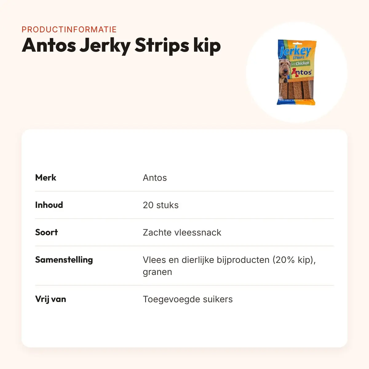 Antos Jerky Strips kip 20 stuks – zachte vleessnacks – productinformatie