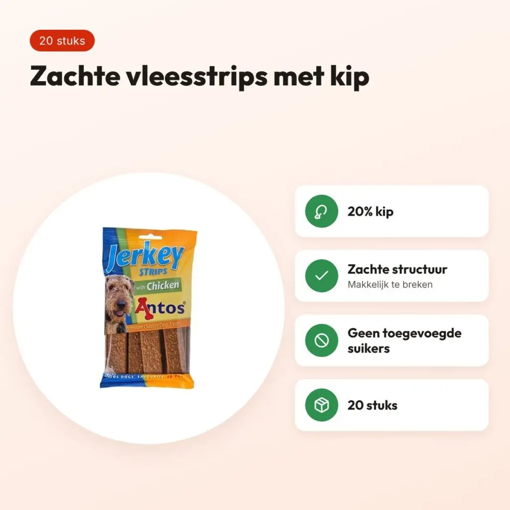 Antos Jerky Strips kip 20 stuks – zachte vleessnacks – voordelen