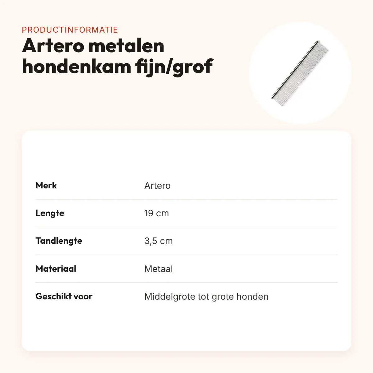 Artero metalen hondenkam fijn/grof met ronde greep 19 cm – productinformatie