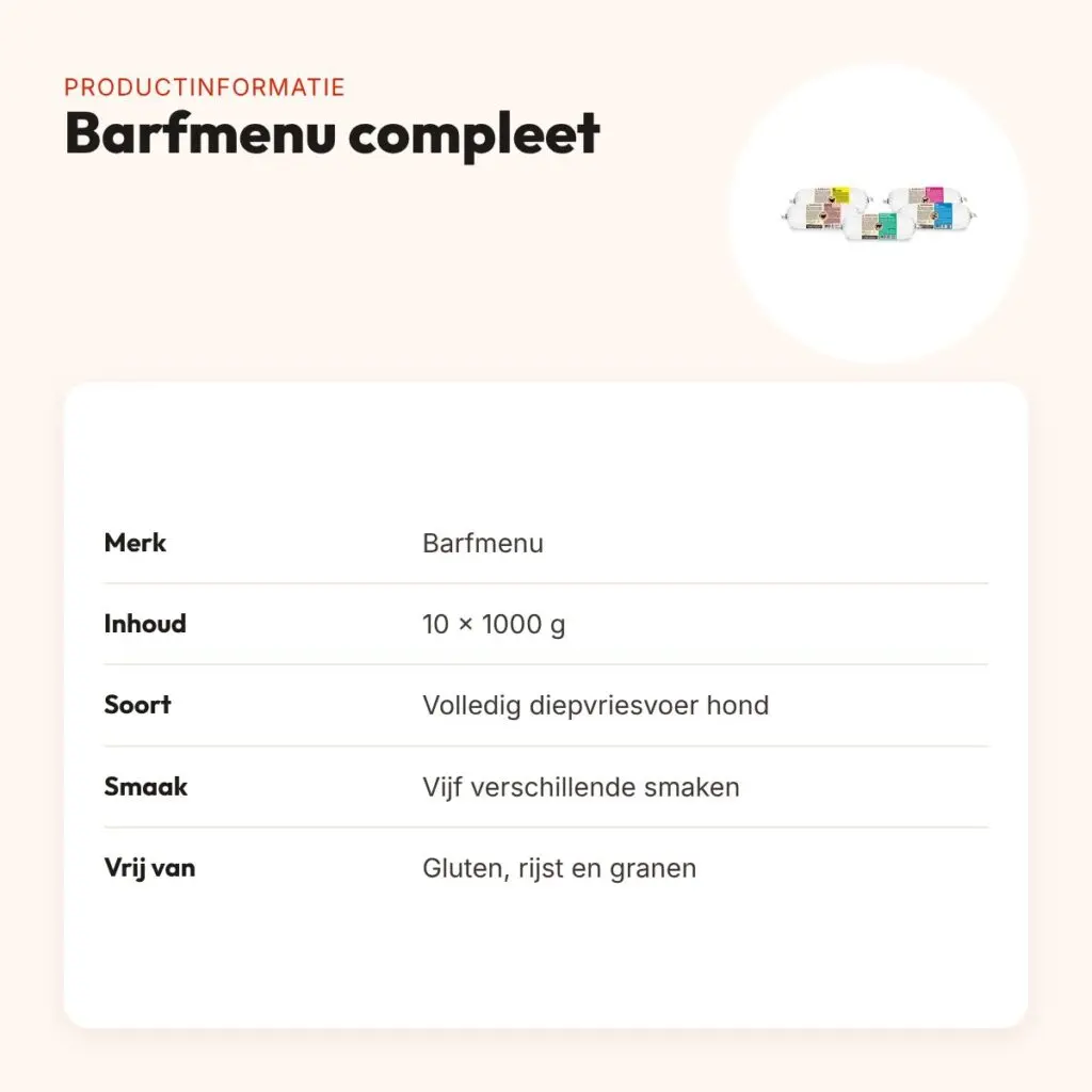 Barfmenu compleet hondenvoer 10 x 1000 g – 5 smaken, glutenvrij – productinformatie
