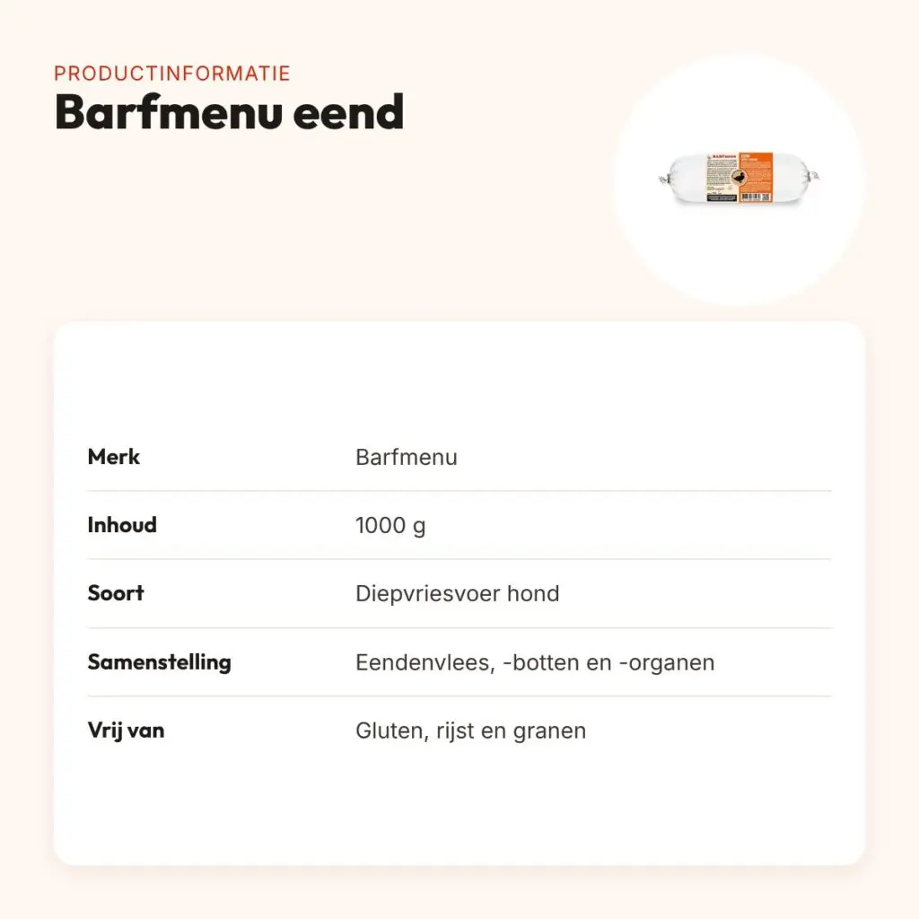 Barfmenu eend hondenvoer 1000 g – glutenvrij – productinformatie