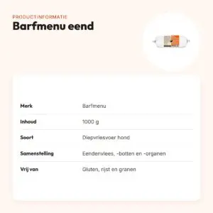 Barfmenu eend hondenvoer 1000 g – glutenvrij – productinformatie
