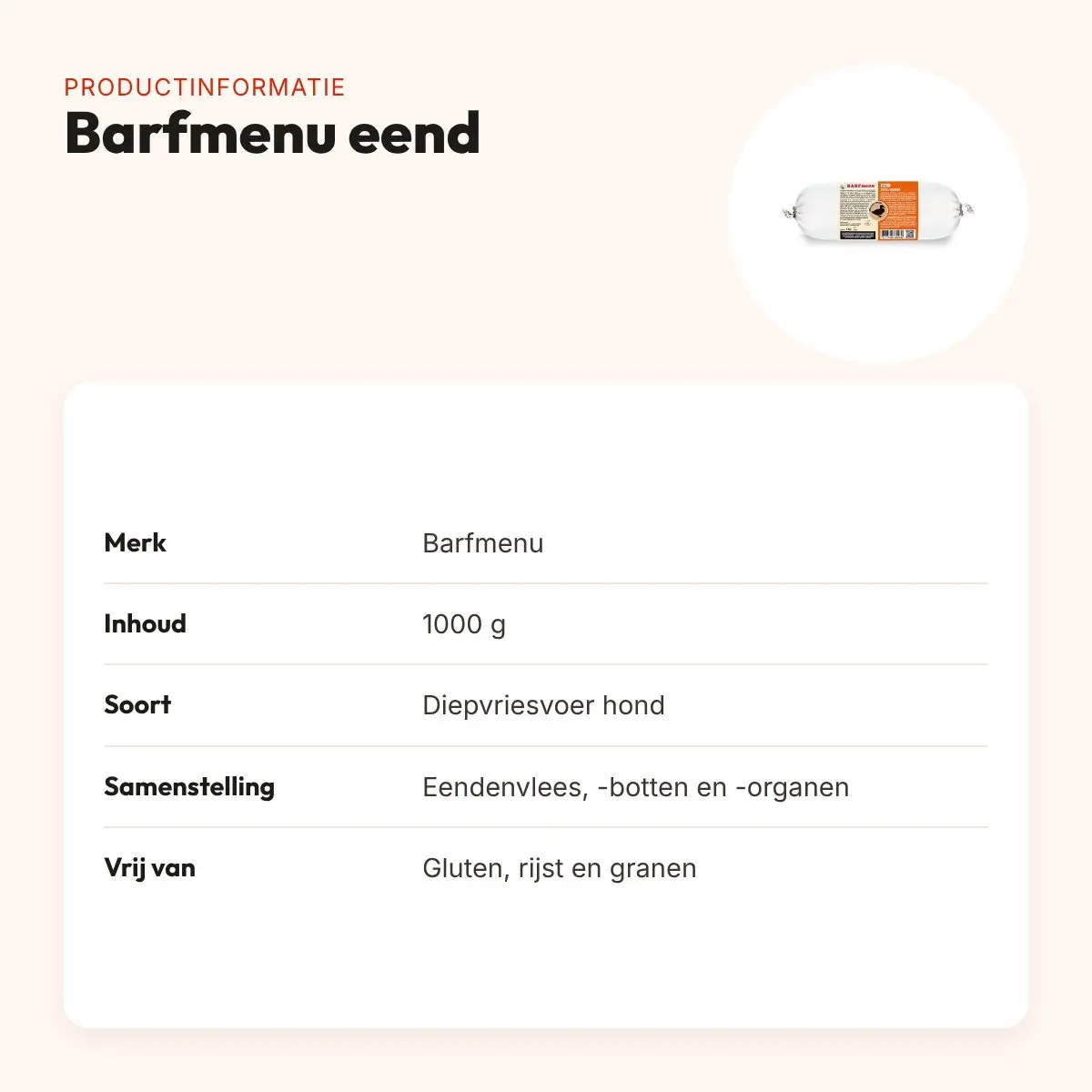 Barfmenu eend hondenvoer 1000 g – glutenvrij – productinformatie