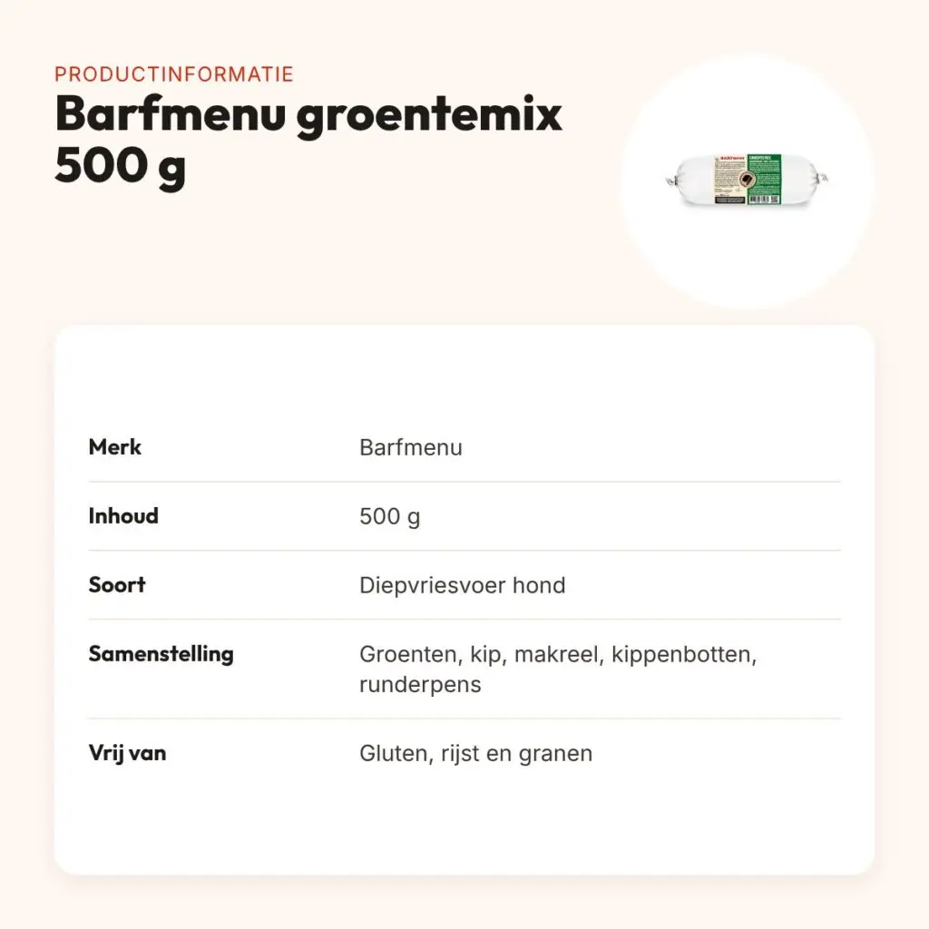Barfmenu groentemix hondenvoer 500 g – glutenvrij – productinformatie