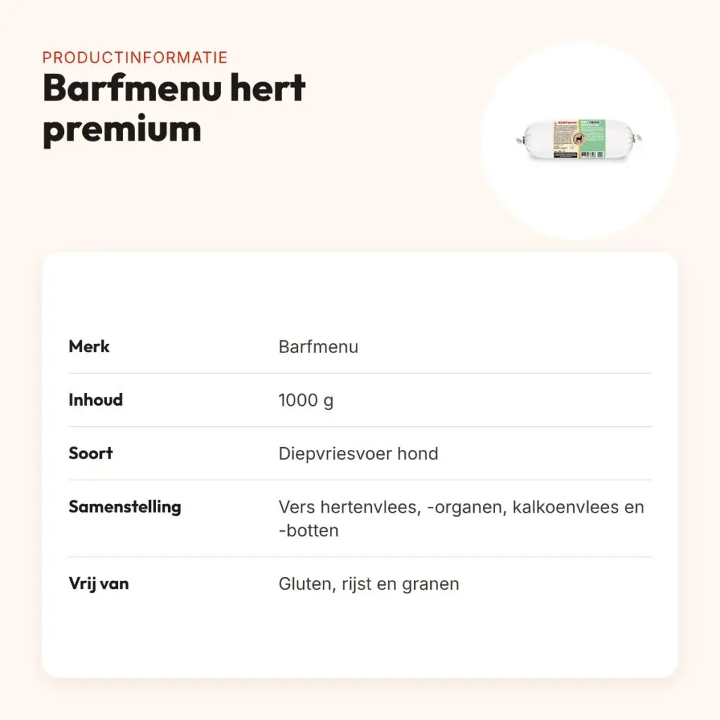 Barfmenu hert premium hondenvoer 1000 g – glutenvrij – productinformatie