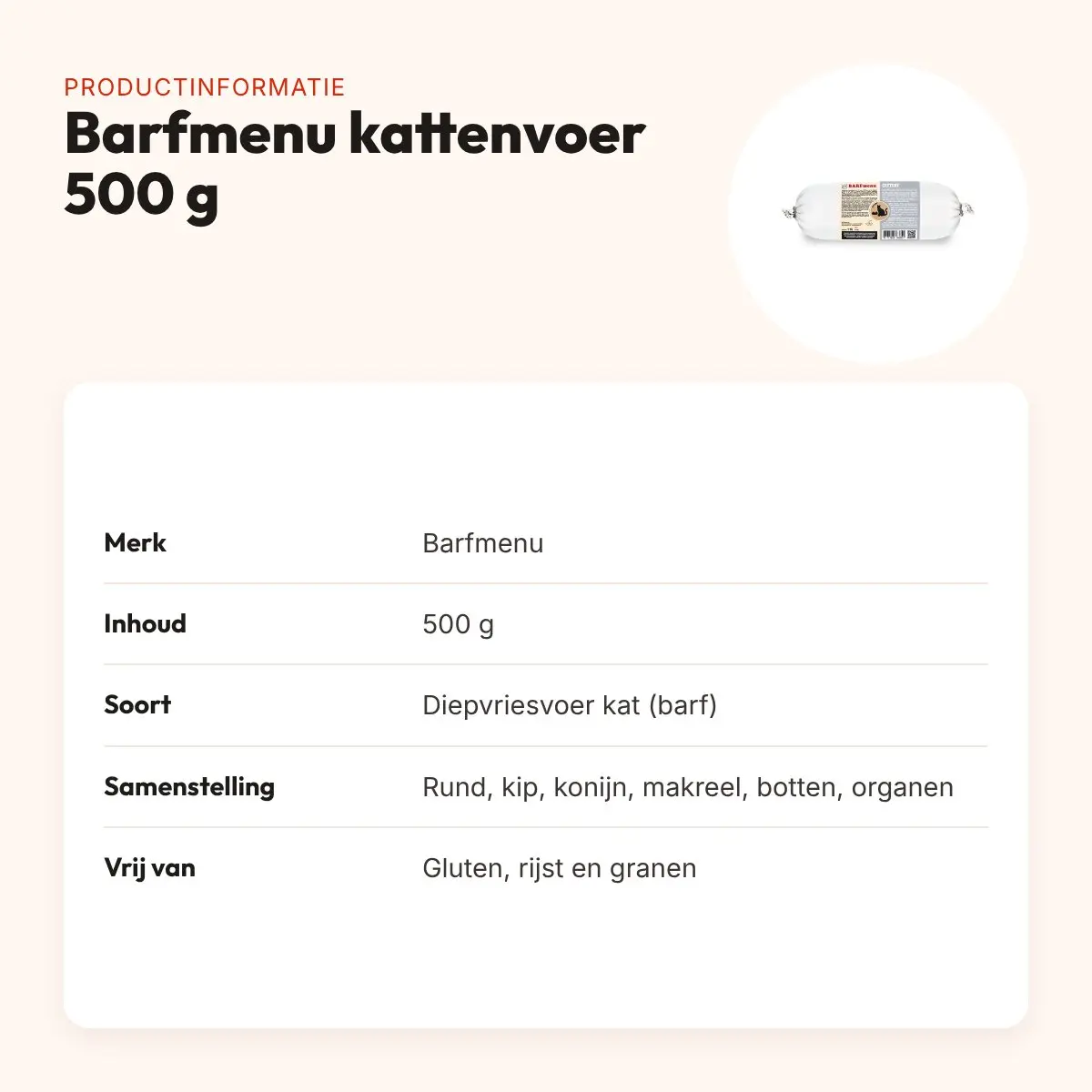 Barfmenu kattenvoer 500 g – glutenvrij, vers rauw vlees – productinformatie