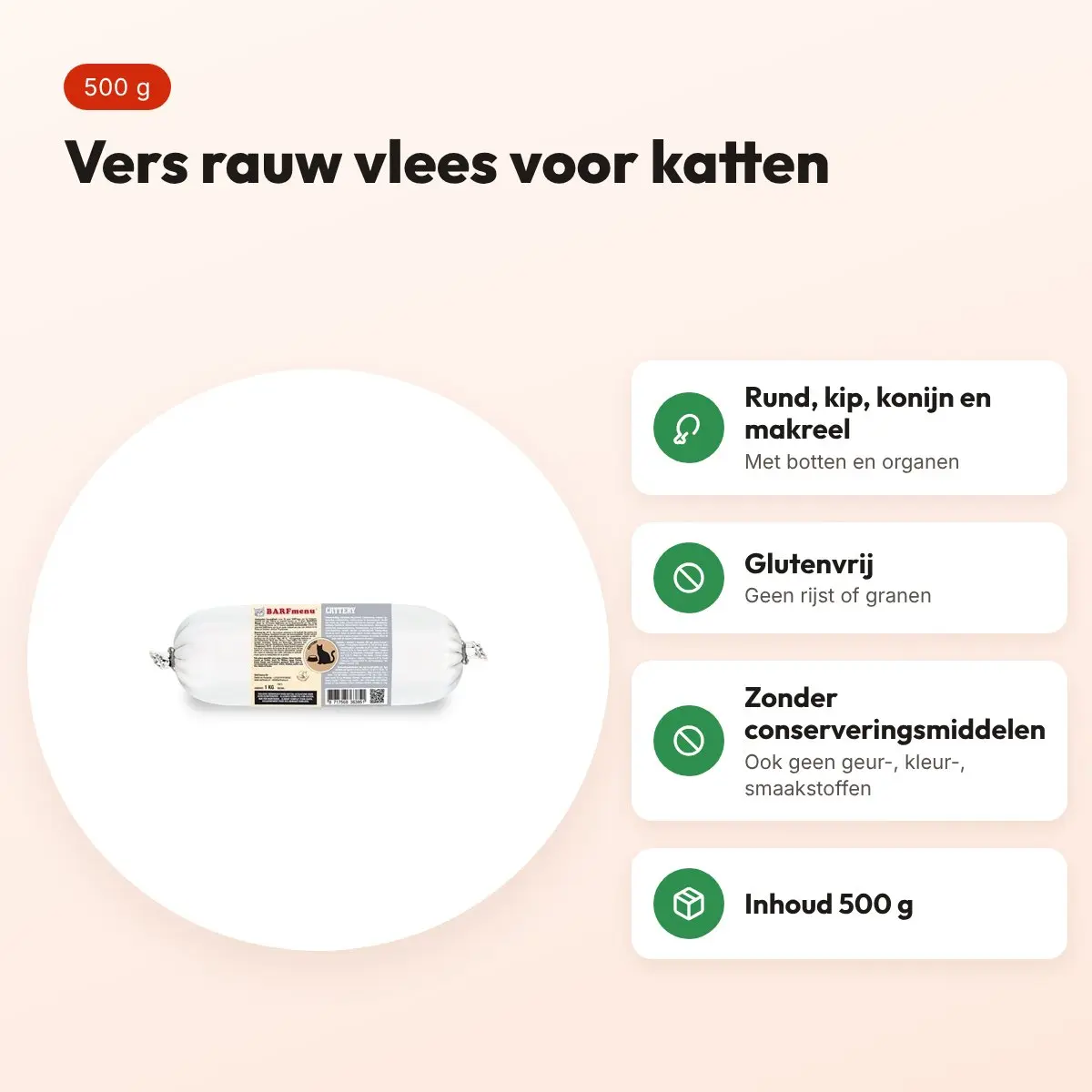 Barfmenu kattenvoer 500 g – glutenvrij, vers rauw vlees – voordelen