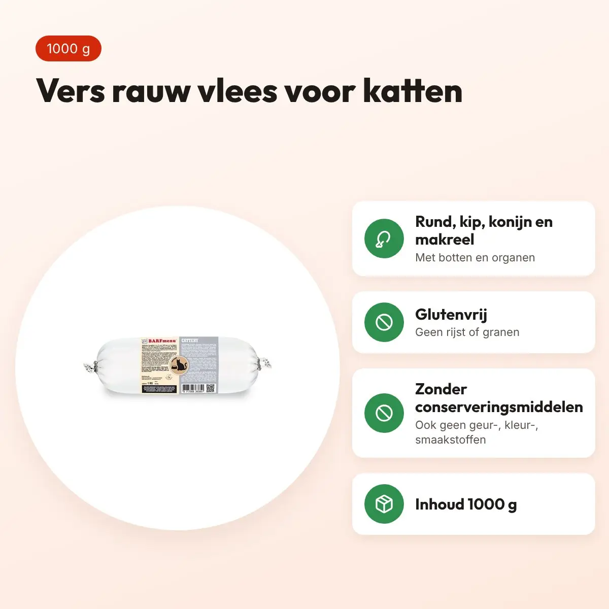 Barfmenu kattenvoer rundvlees 1000 g – glutenvrij, vers rauw vlees – voordelen