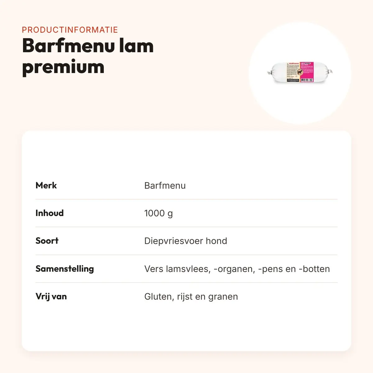 Barfmenu lam premium hondenvoer 1000 g – glutenvrij – productinformatie