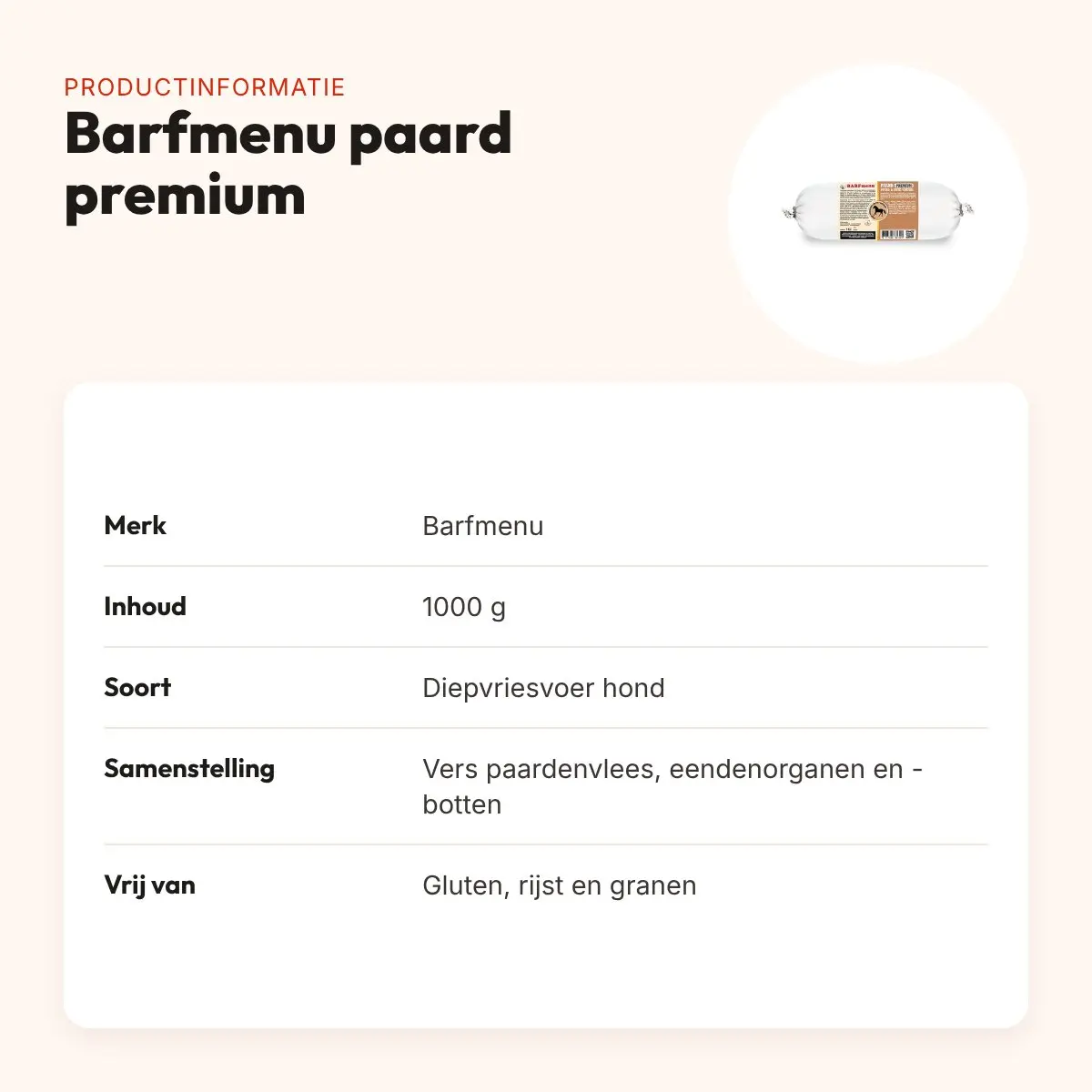 Barfmenu paard premium hondenvoer 1000 g – glutenvrij – productinformatie