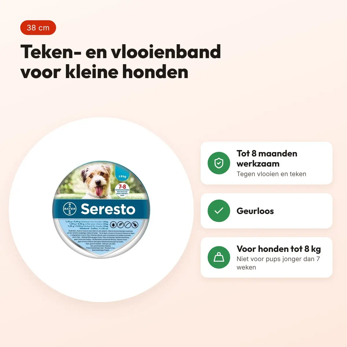 Bayer Seresto teken- en vlooienband hond S 38 cm – tot 8 kg, geurloos – voordelen