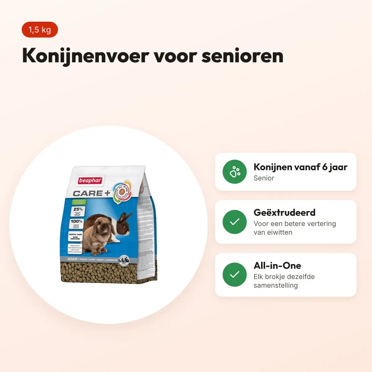 Beaphar Care+ konijnenvoer Senior 1,5 kg – vanaf 6 jaar – voordelen