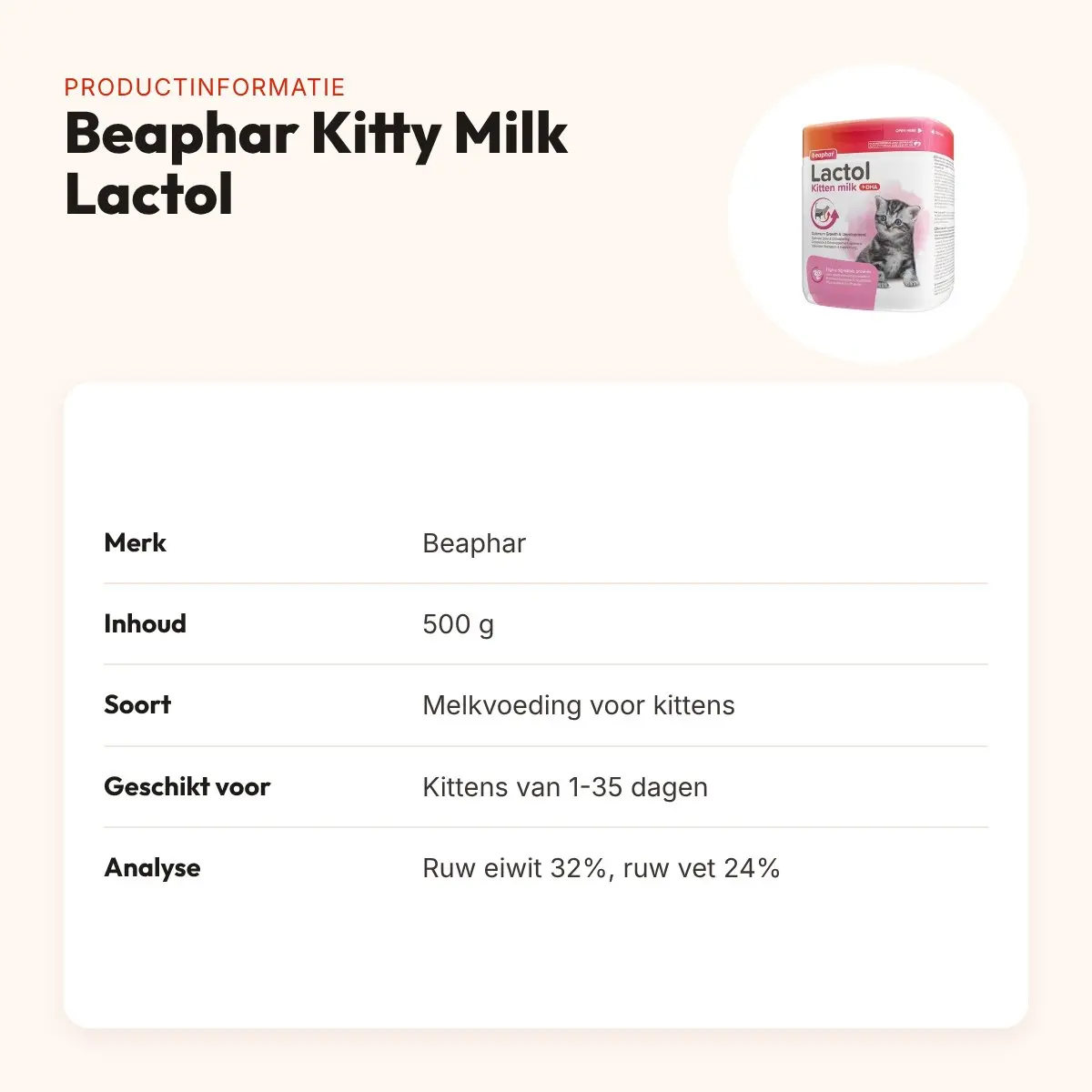 Beaphar Kitty Milk Lactol 500 g – melkvoeding voor kittens van 1-35 dagen – productinformatie
