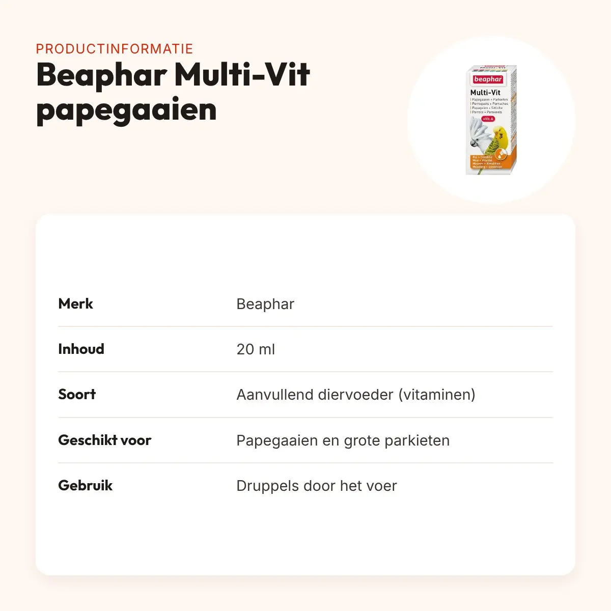 Beaphar Multi-Vit papegaaien en grote parkieten 20 ml – vogelsupplement – productinformatie