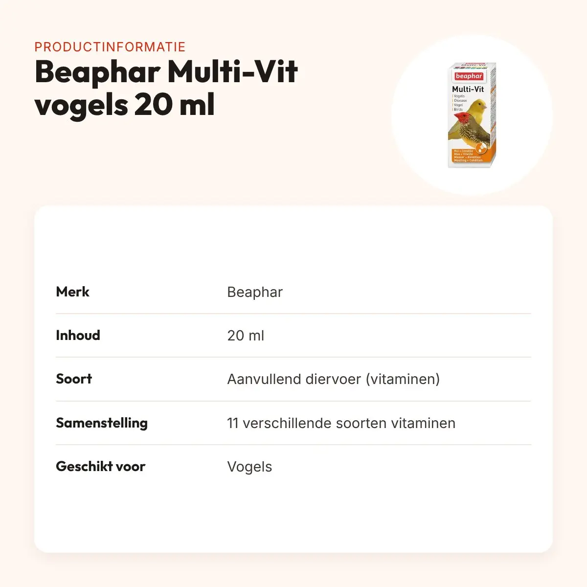 Beaphar Multi-Vit vogels 20 ml – vitaminesupplement voor vogels – productinformatie