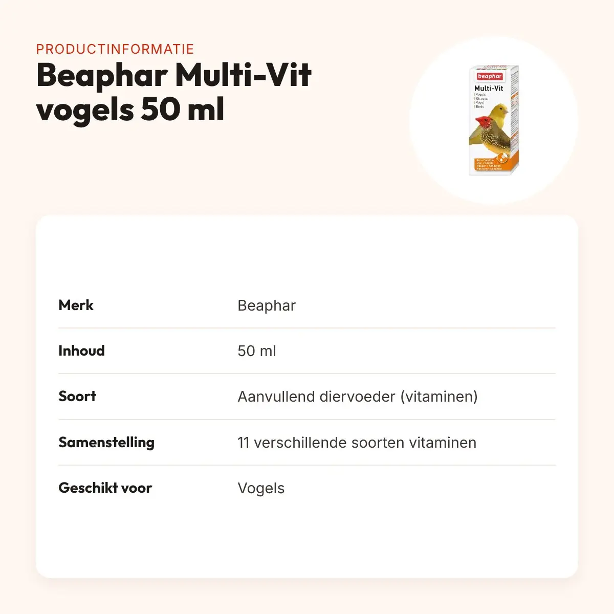 Beaphar Multi-Vit vogels 50 ml – vitaminesupplement voor vogels – productinformatie