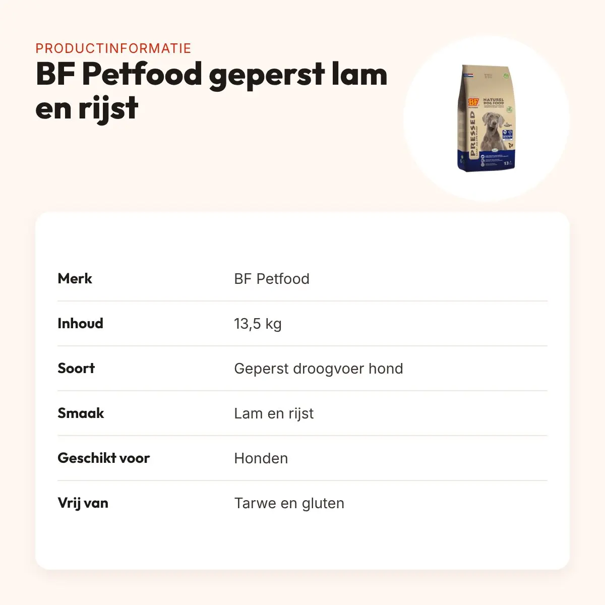 BF Petfood geperst hondenvoer lam en rijst Premium 13,5 kg – hypoallergeen – productinformatie