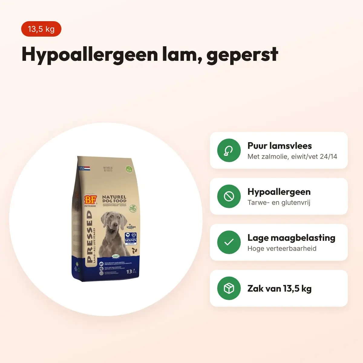 BF Petfood geperst hondenvoer lam en rijst Premium 13,5 kg – hypoallergeen – voordelen