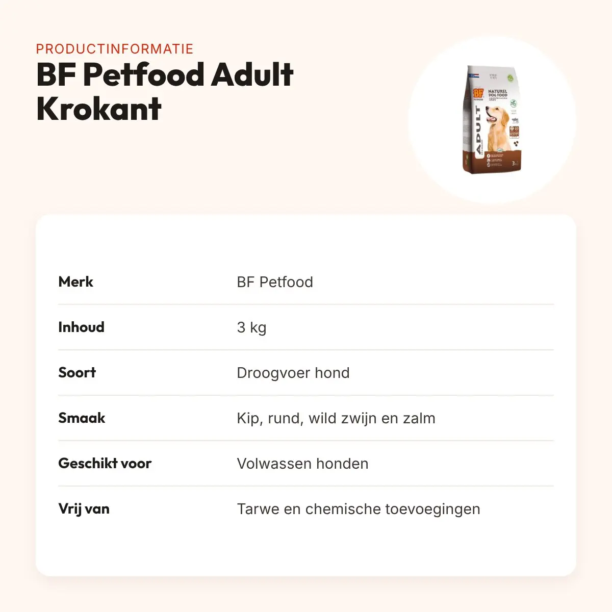 BF Petfood hondenvoer Adult Krokant 3 kg – tarwevrij – productinformatie