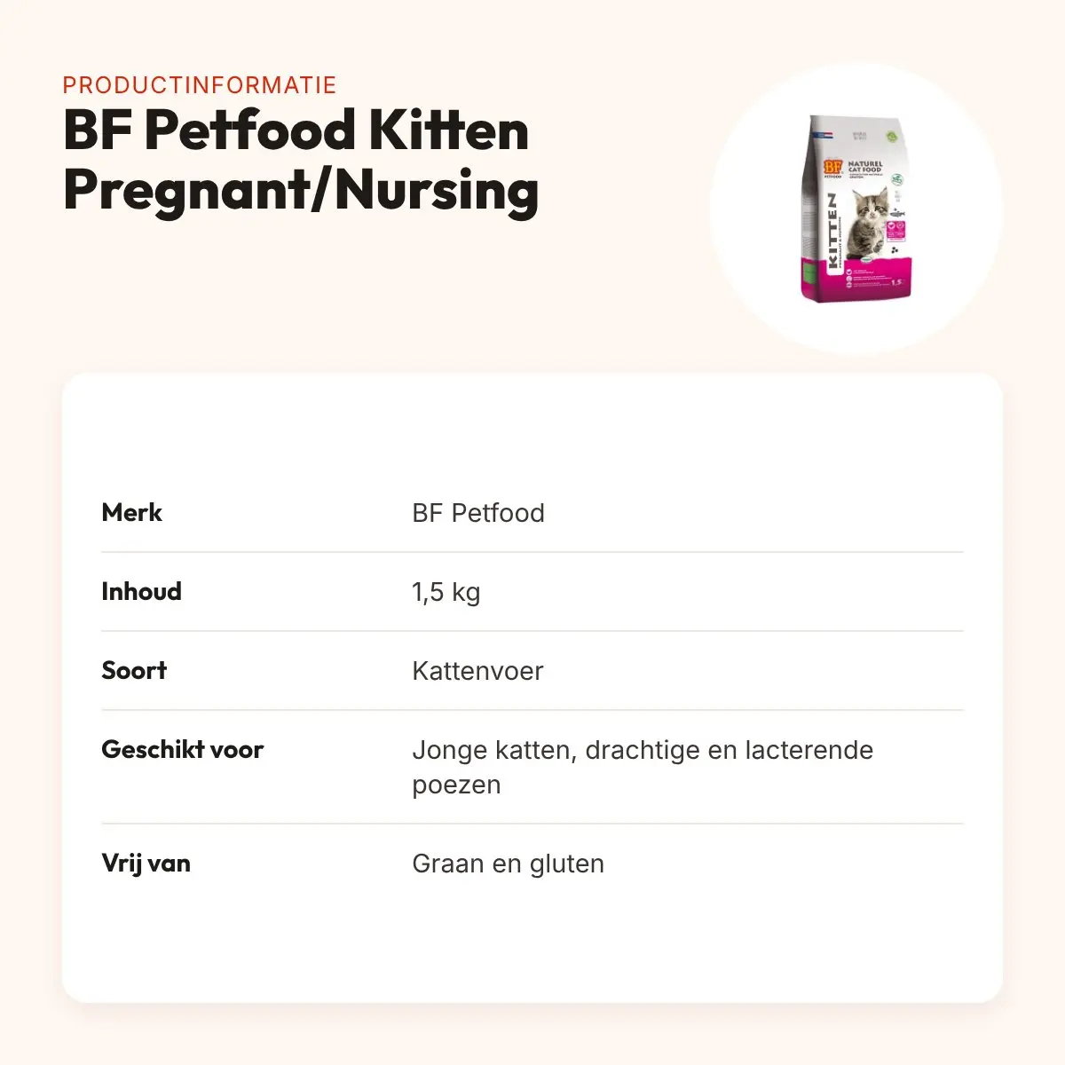 BF Petfood kattenvoer Kitten Pregnant/Nursing 1,5 kg – graanvrij – productinformatie