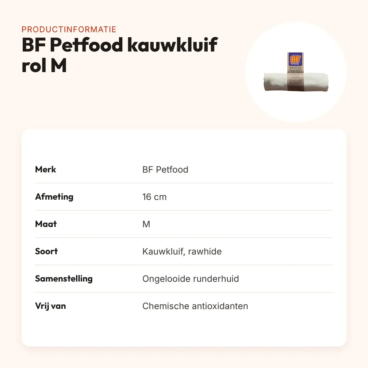 BF Petfood kauwkluif rol naturel M 16 cm – rawhide – productinformatie