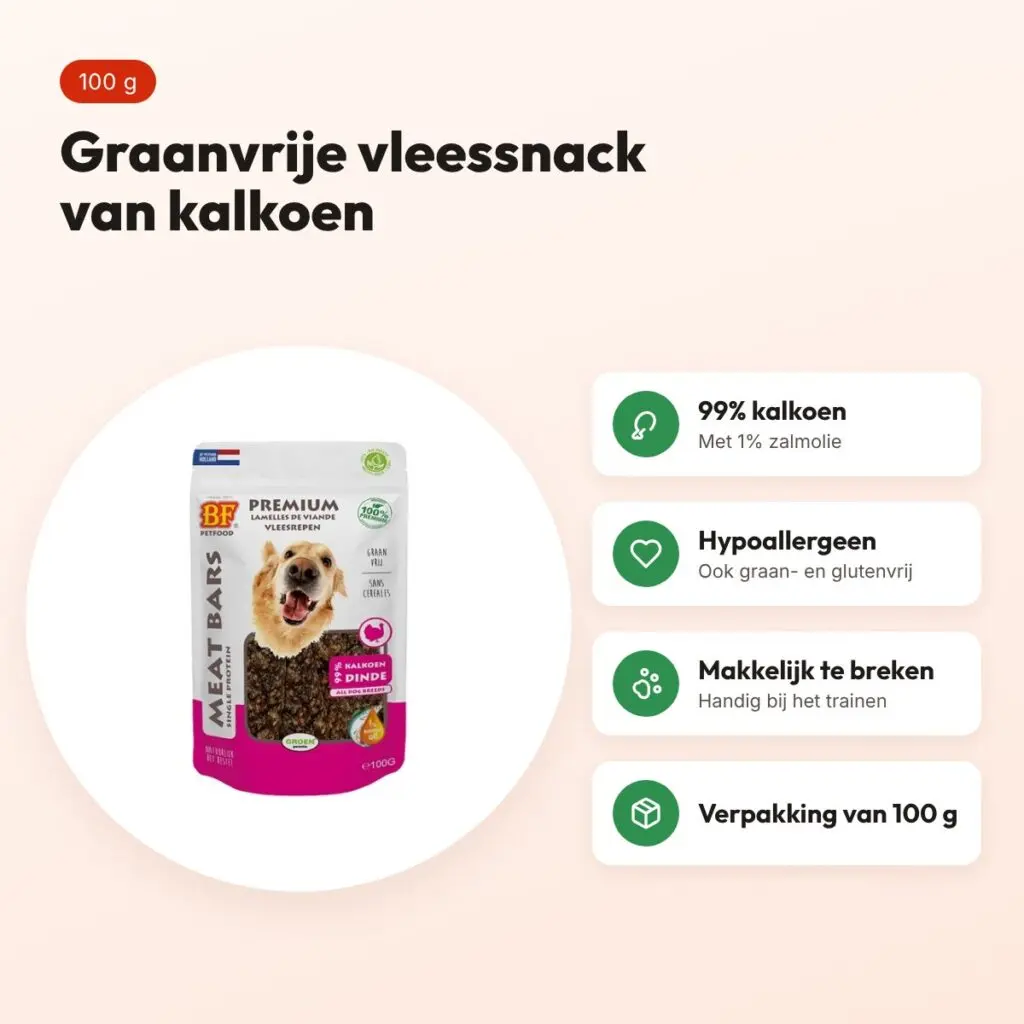 BF Petfood Meat Bars kalkoen 100 g – graanvrije vleessnack voor honden – voordelen