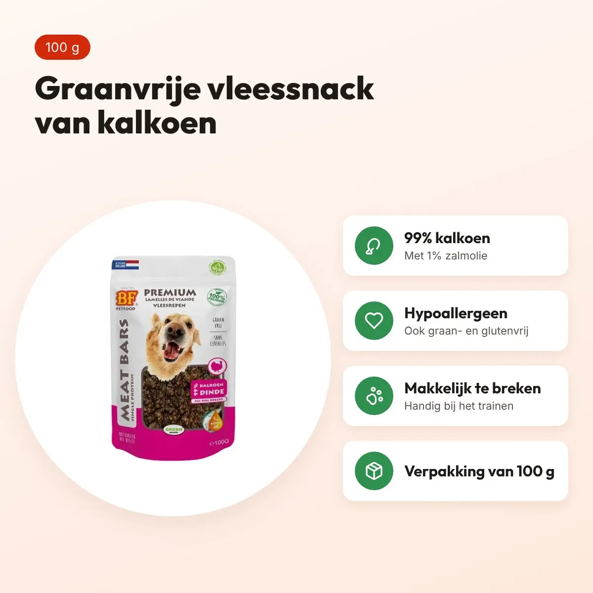 BF Petfood Meat Bars kalkoen 100 g – graanvrije vleessnack voor honden – voordelen