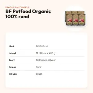 BF Petfood Organic hondenvoer 100% rund 12 x 400 g – biologisch blik – productinformatie