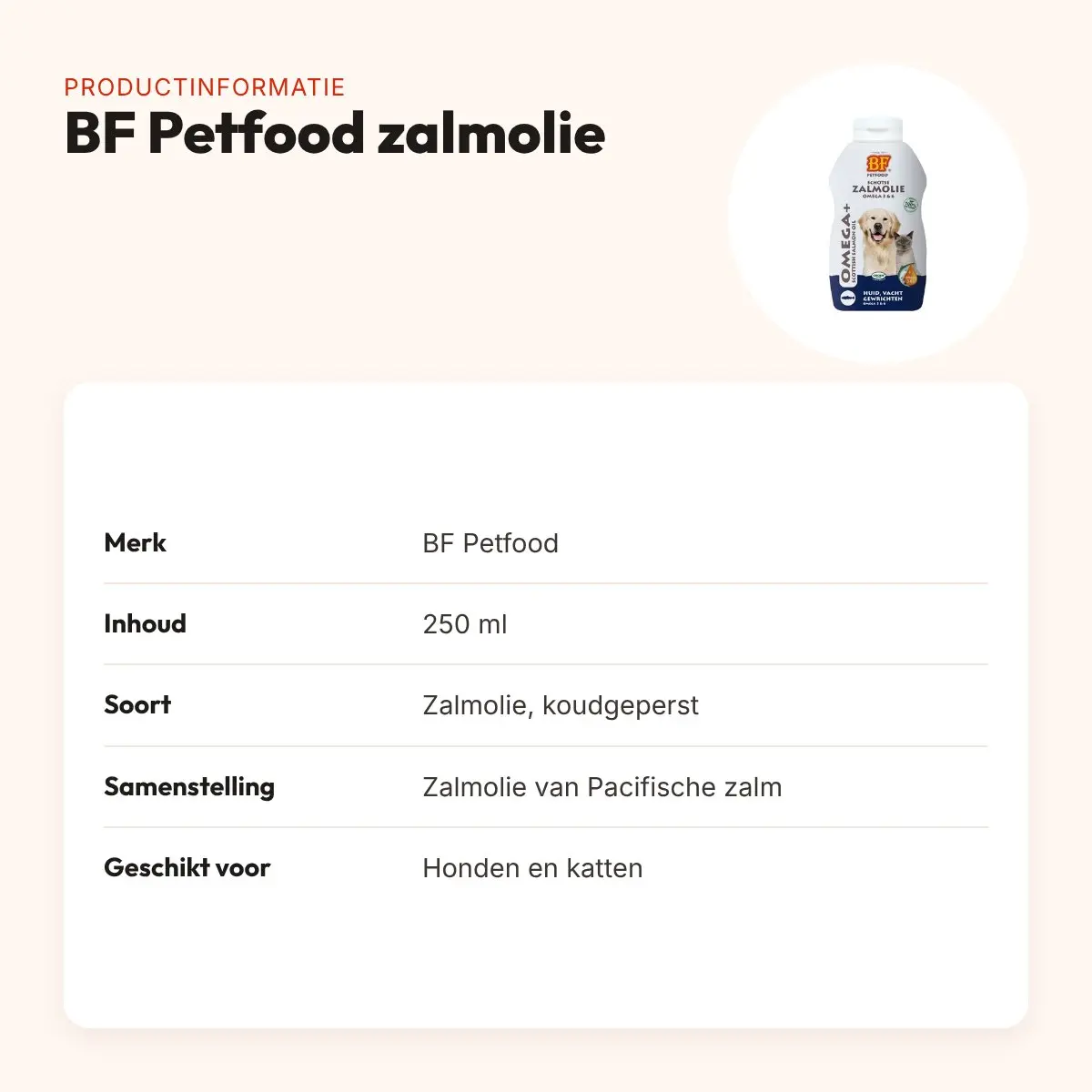 BF Petfood zalmolie 250 ml – koudgeperst, voor hond en kat – productinformatie