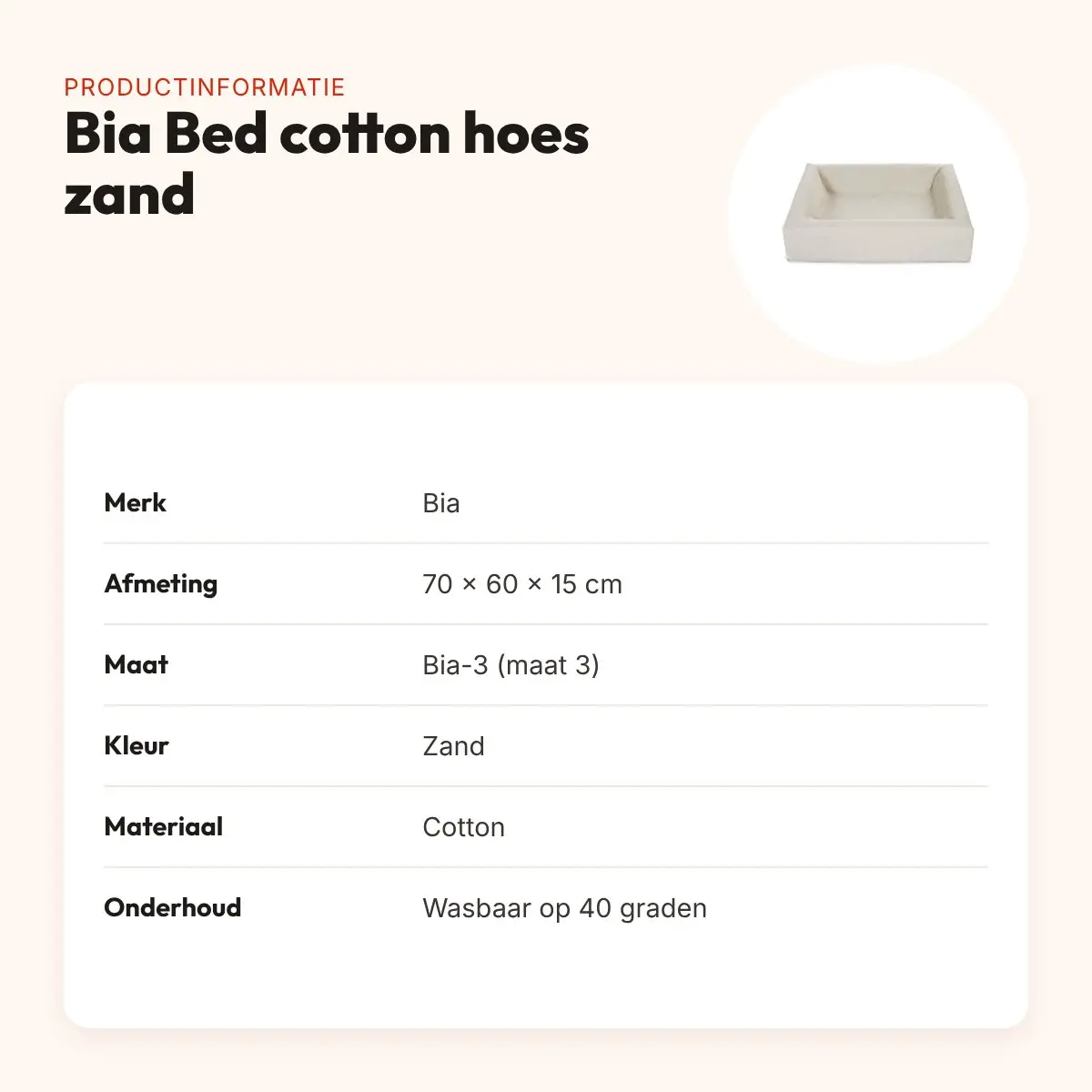 Bia Bed cotton hoes hondenmand zand 70 x 60 x 15 cm – maat 3 – productinformatie