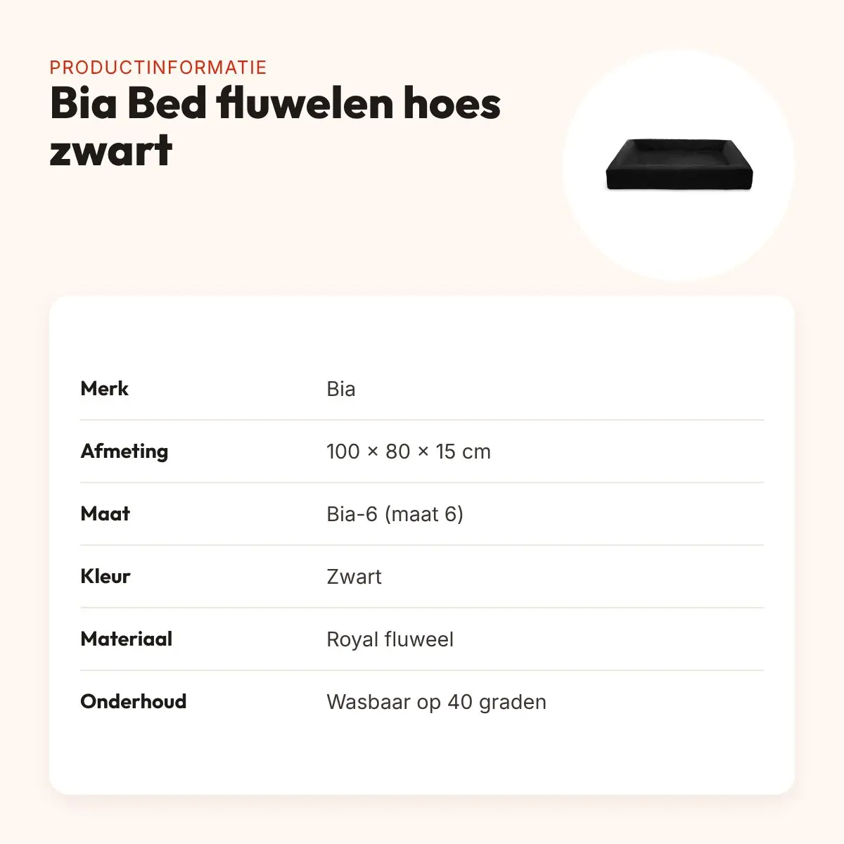 Bia Bed fluwelen hoes hondenmand zwart 100 x 80 x 15 cm – maat 6 – productinformatie
