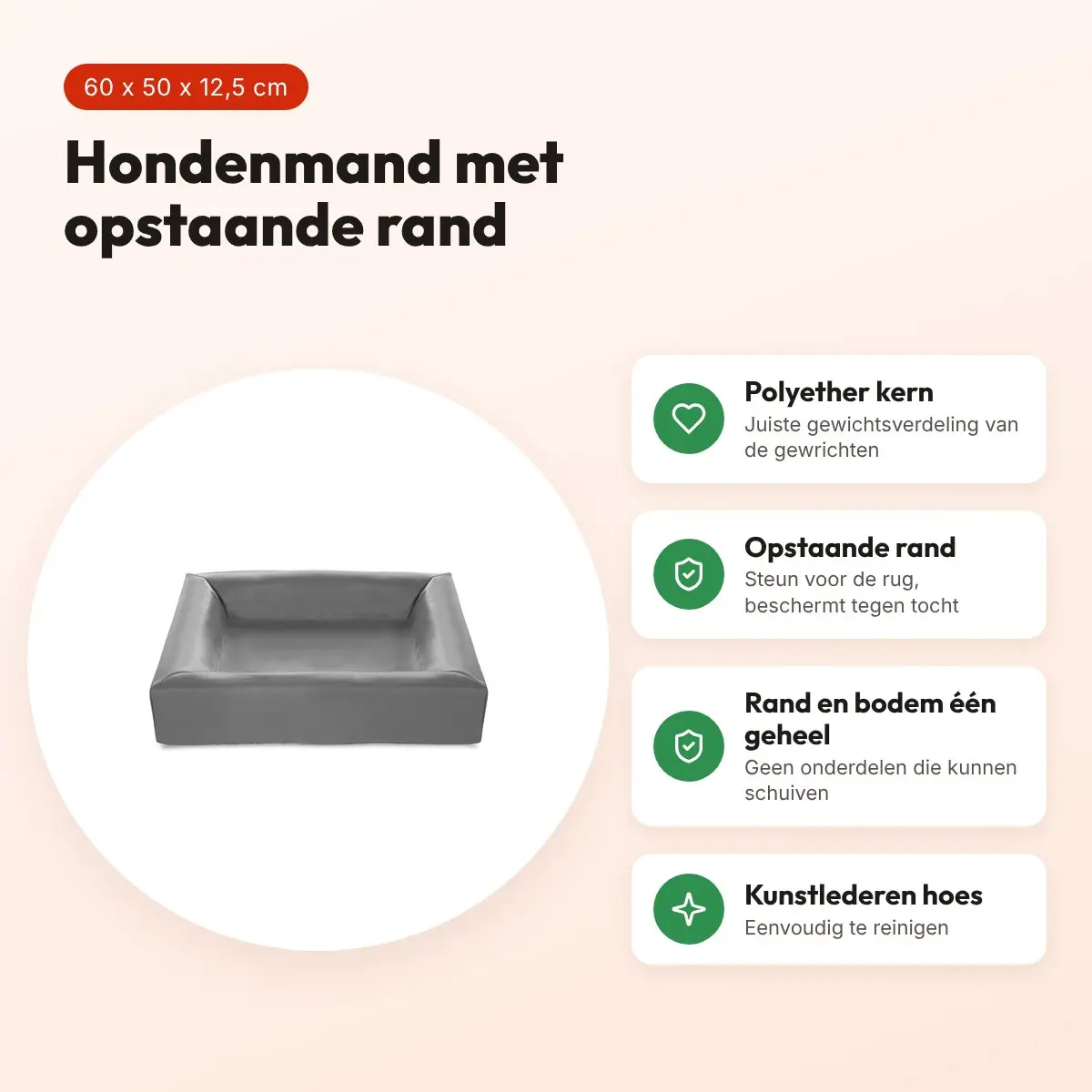Bia Bed hondenmand grijs 60 x 50 x 12,5 cm – opstaande rand, maat 2 – voordelen