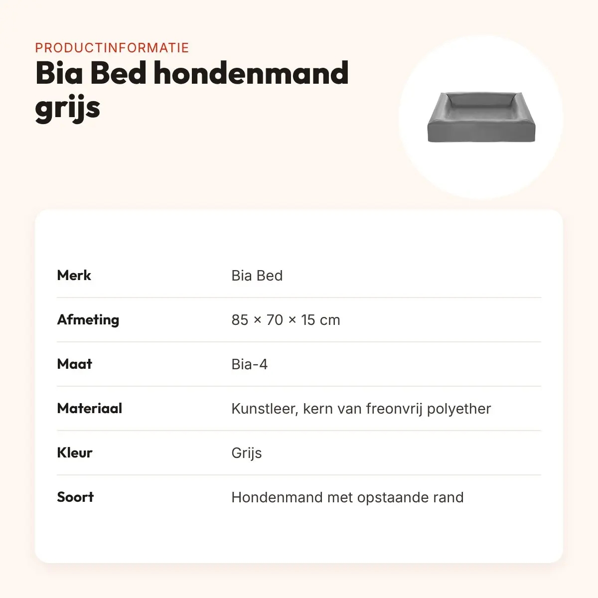 Bia Bed hondenmand grijs 85 x 70 x 15 cm – opstaande rand, maat 4 – productinformatie