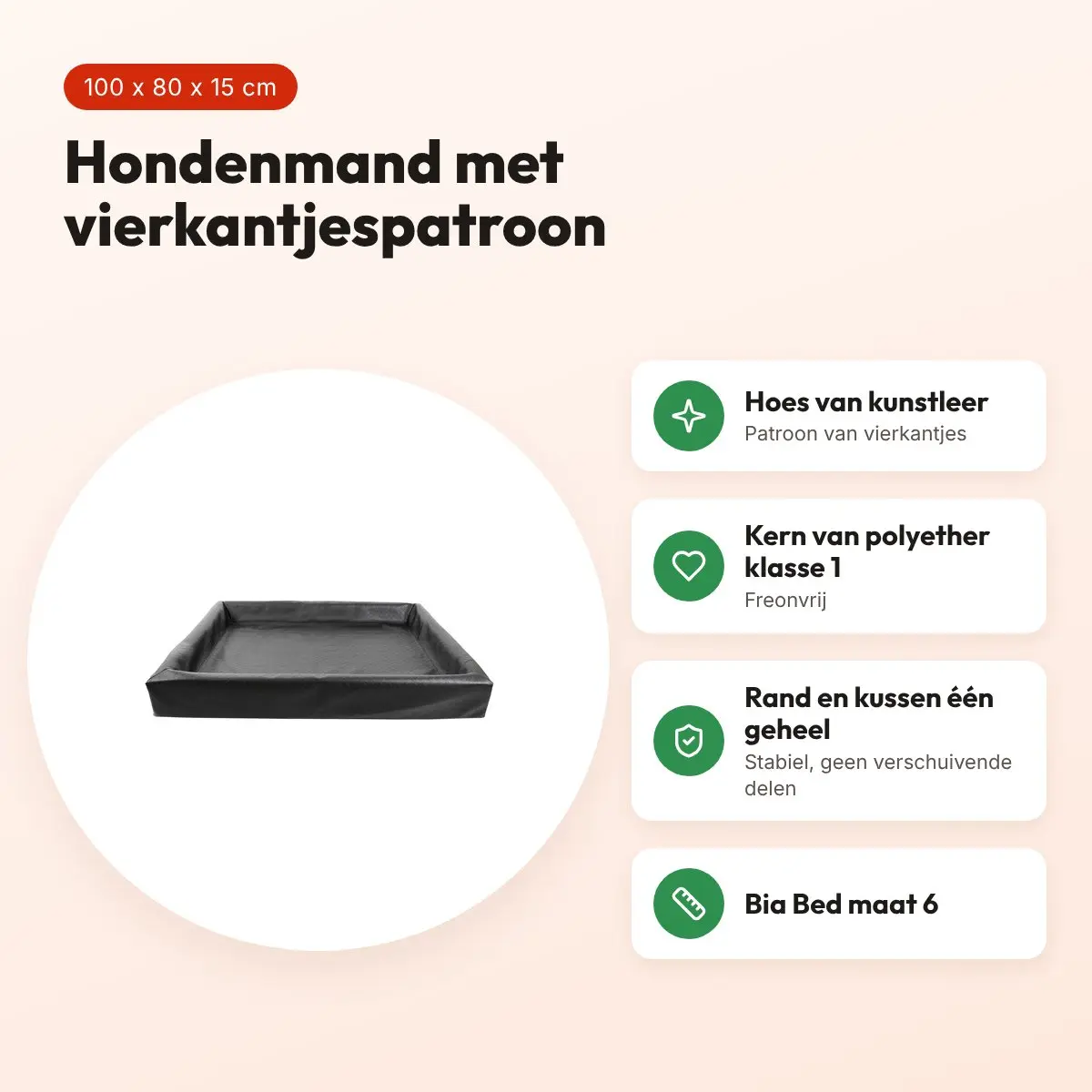 Bia Bed hondenmand Square zwart 100 x 80 x 15 cm – kunstleer, maat 6 – voordelen