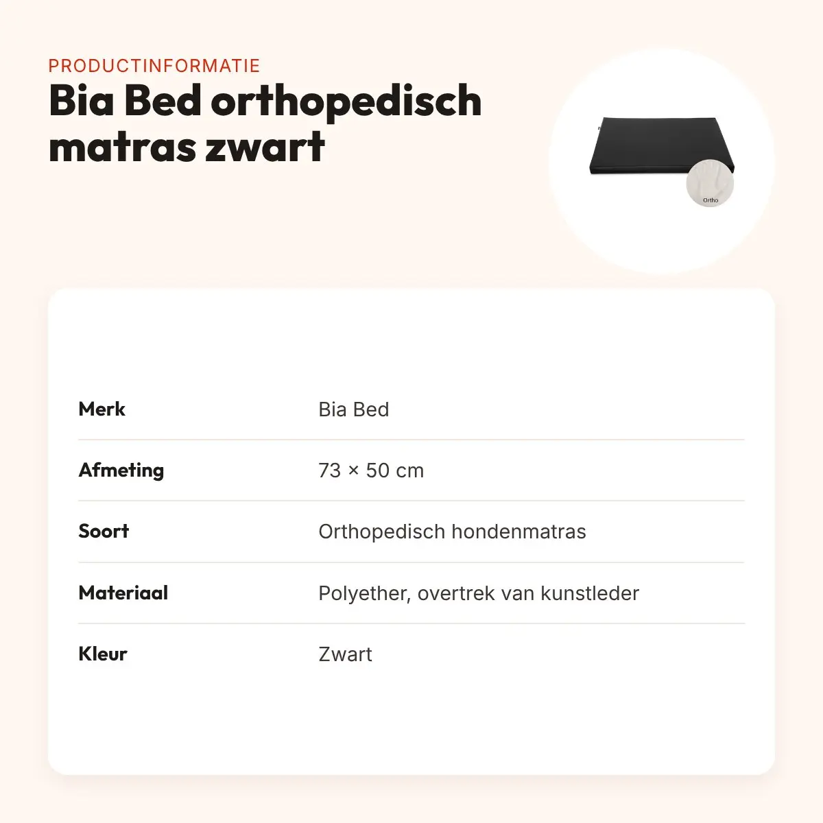 Bia Bed orthopedisch hondenmatras zwart 73 x 50 cm – drukverlagend – productinformatie