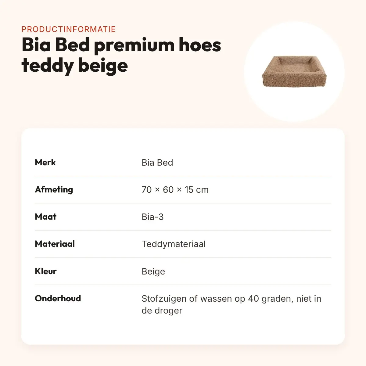 Bia Bed premium hoes teddy beige 70 x 60 x 15 cm – maat 3 – productinformatie