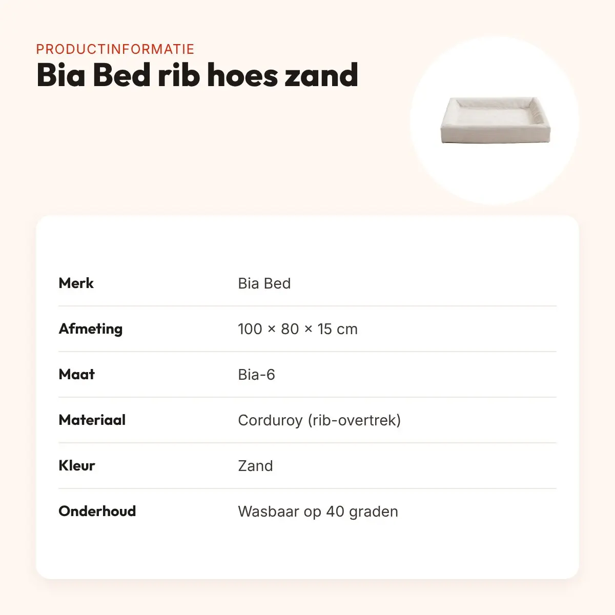 Bia Bed rib hoes hondenmand zand 100 x 80 x 15 cm – corduroy, maat 6 – productinformatie
