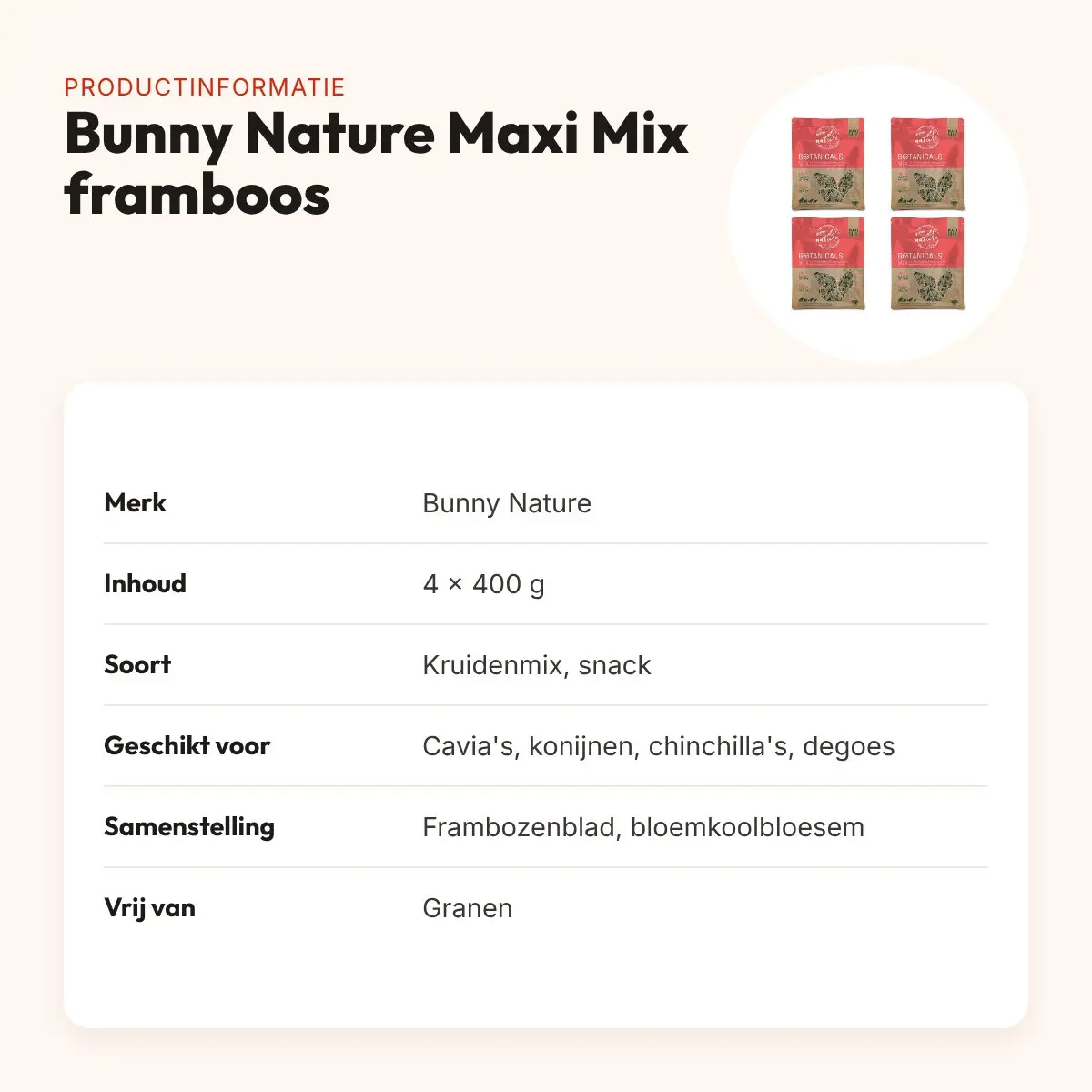Bunny Nature Botanicals Maxi Mix frambozenblad 400 g – multipack 4 stuks – productinformatie