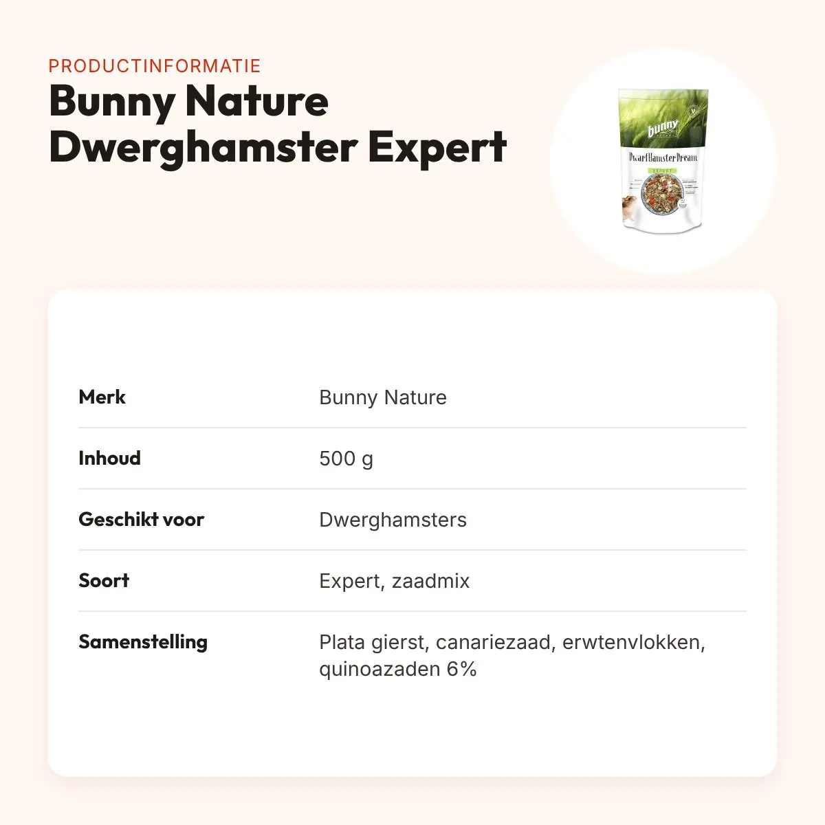 Bunny Nature Dwerghamsterdroom Expert 500 g – granenvrij – productinformatie