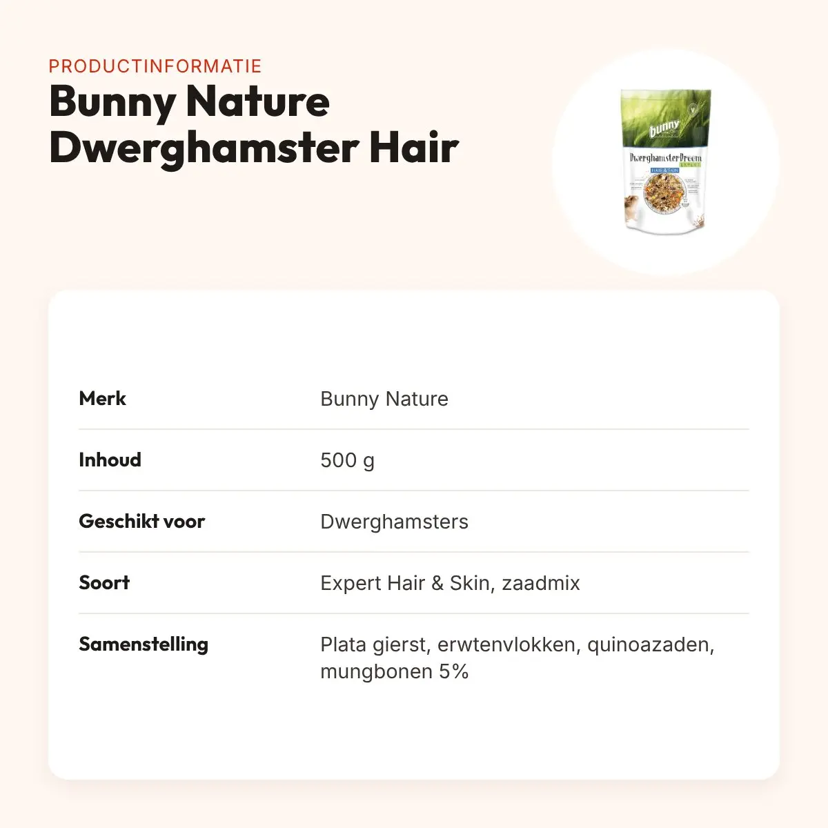 Bunny Nature Dwerghamsterdroom Expert Hair & Skin 500 g – productinformatie