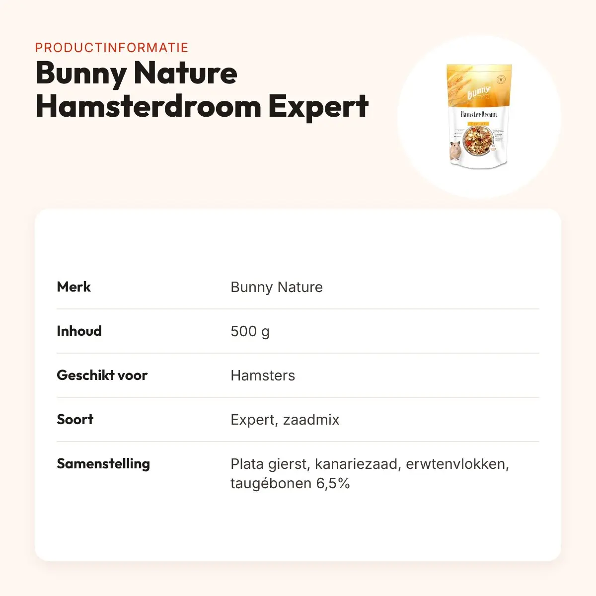 Bunny Nature Hamsterdroom Expert 500 g – hamstervoer met meelwormen – productinformatie