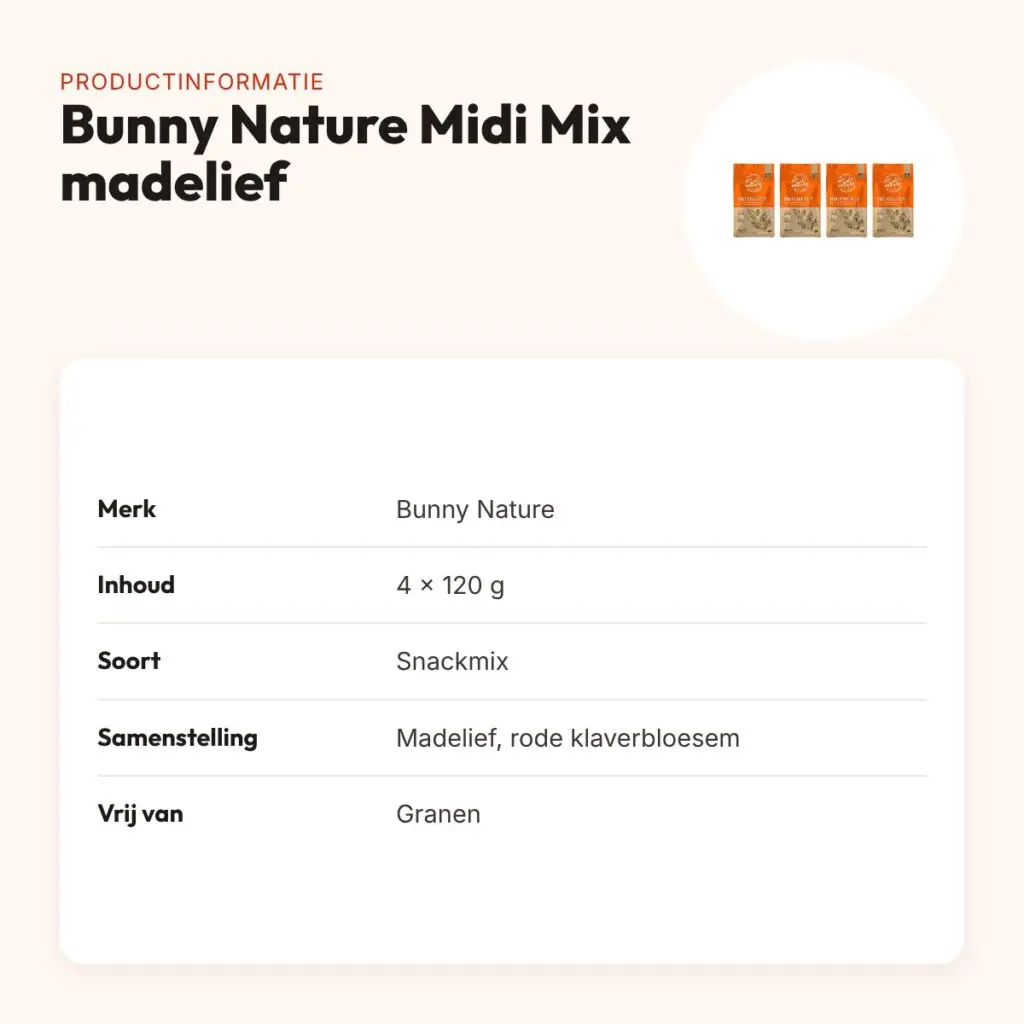 Bunny Nature Midi Mix madelief en rode klaver 120 g – multipack 4 stuks – productinformatie